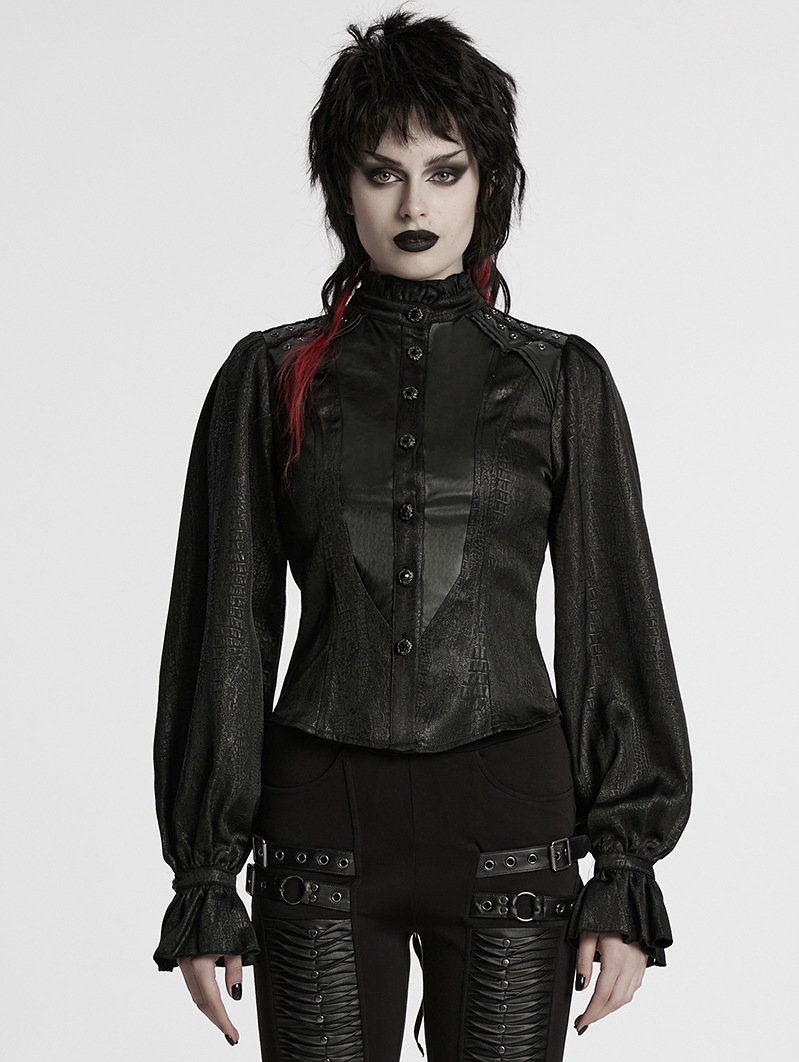 Black Gothic Patterned Long Sleeve Shirt for Women
