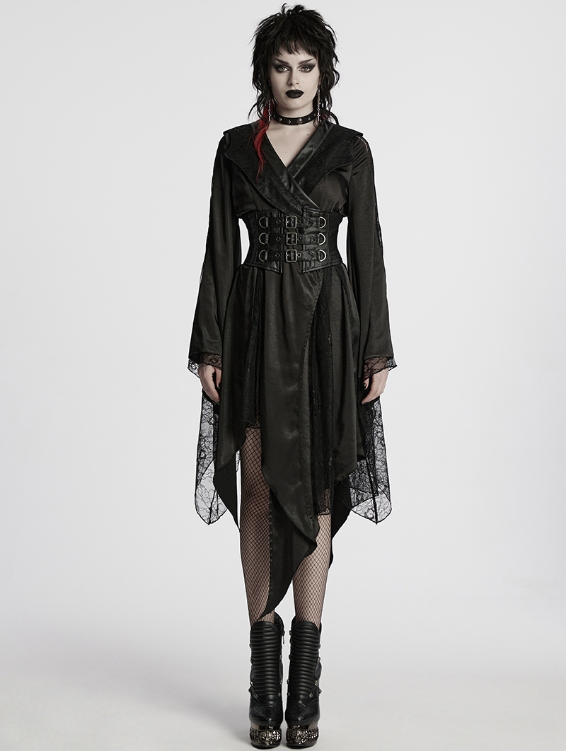 Black Gothic Asymmetric Lapel Kimono Dress for Women
