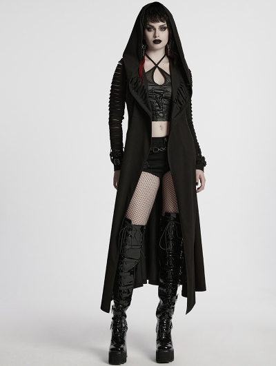 Black Gothic Punk Hooded Cut Out Long Jacket for Women