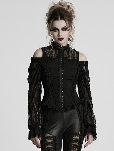 Black Gothic Chiffon Lace Cold Shoulder Long Sleeve Shirt for Women
