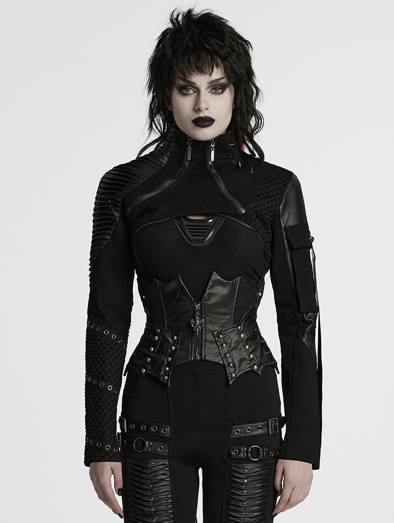 Black Gothic Punk Cropped Short Motorcycle Jacket for Women