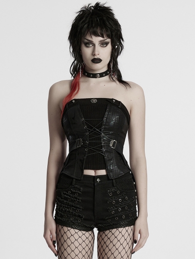 Black Gothic Punk Drawstring Tube Top for Women
