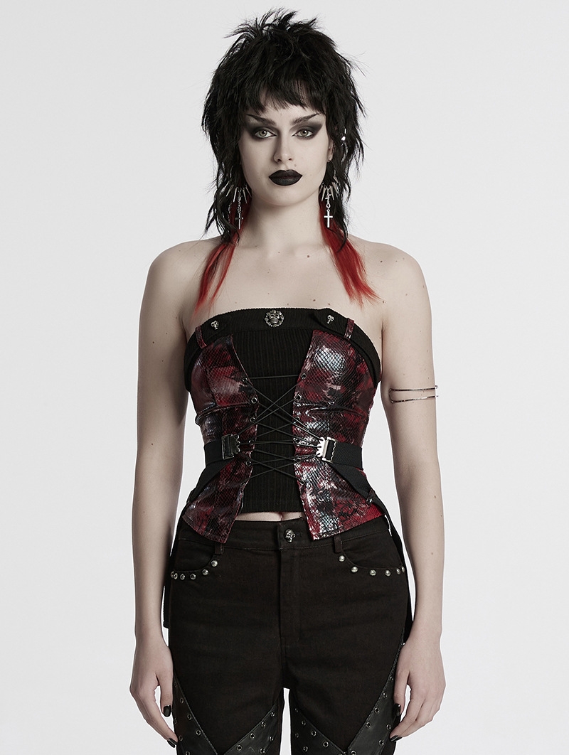 Black and Red Gothic Punk Drawstring Tube Top for Women
