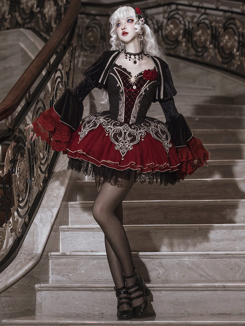 Black and Red Gothic Vampire Lolita JSK Dress with Bolero