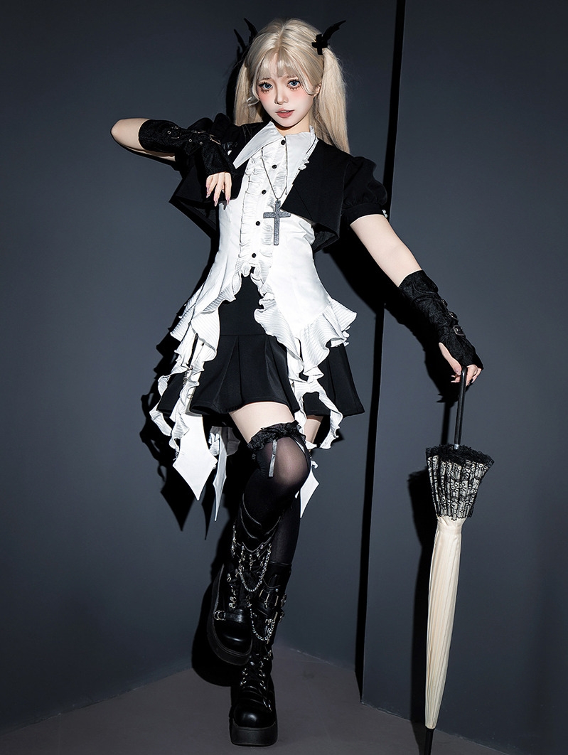 Black and White Ruffle Trim Gothic Lolita Top and Skirt Set