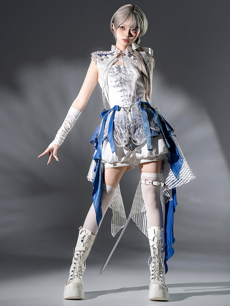 White and Blue Dragon Skeleton Embroidery Gothic Lolita Outfit