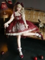 Dark Red Bunny Print Sweet Ruffled Lolita JSK Dress Set