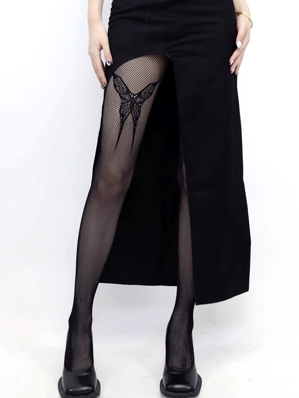 Black Butterfly Print Gothic Sexy Fishnet Tights