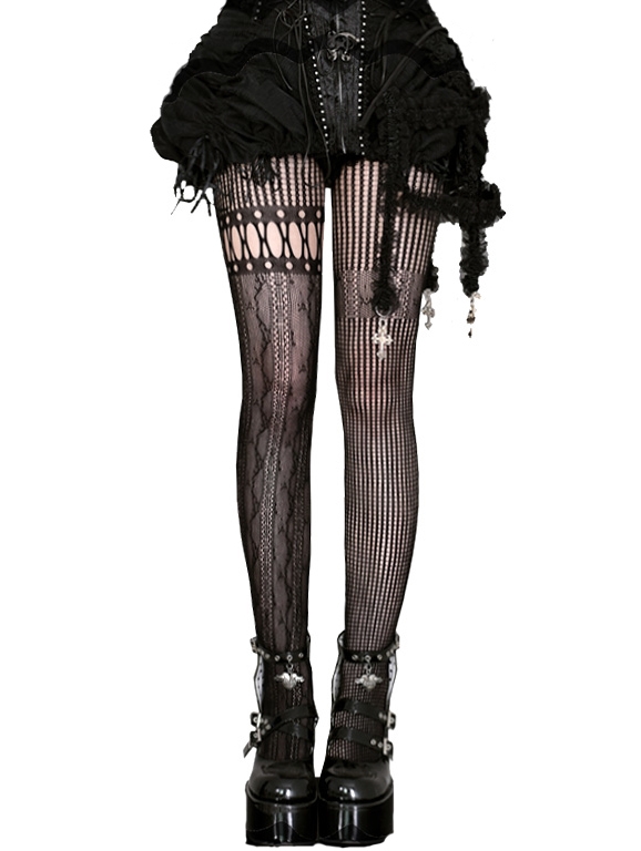 Black Gothic Hollow Out Lace Asymmetrical Tights