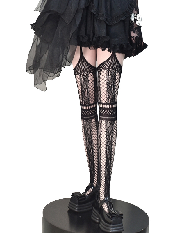 Black Gothic Hollowed Garter Belt Fishnet Tights