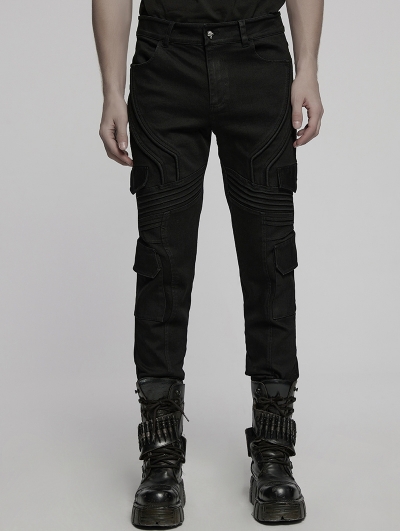 Black Gothic Punk Flap Pocket Slim Denim Pants for Men