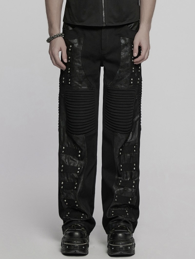 Black Gothic Punk Street Studded Straight Pants for Men