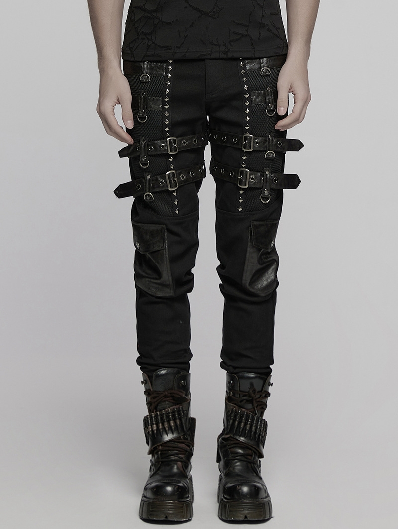 Black Gothic Metal Punk Rock Tight Fit Pants for Men