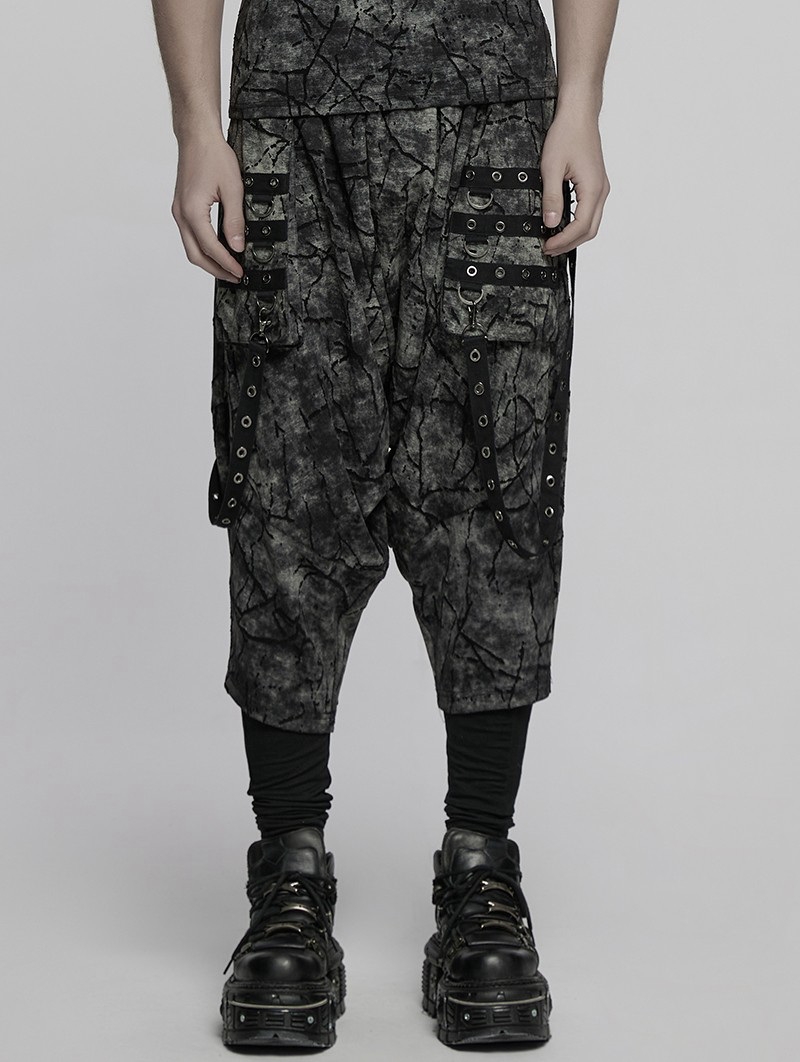 Black and Gray Gothic Punk Textured Drop Crotch Pants for Men