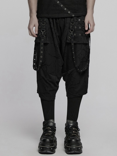 Black Gothic Punk Textured Drop Crotch Pants for Men
