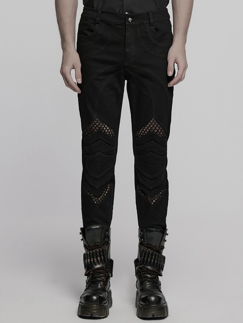 Black Gothic Punk Mesh Splicing Tight Pants for Men