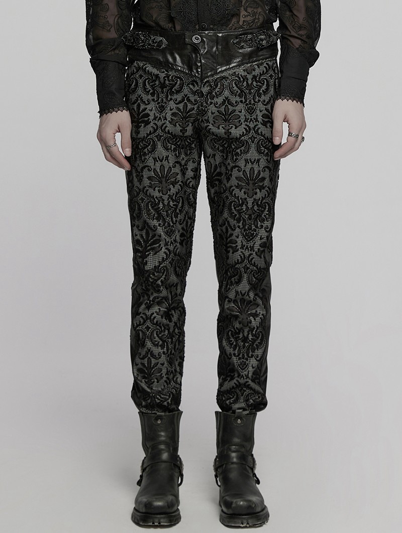 Black Retro Gothic Palace Embroidered Pattern Pants for Men