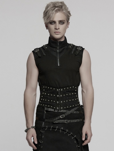 Black Gothic Punk Studded Front Zipper Corset Waistband for Men