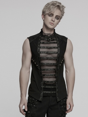 Black Gothic Punk Vision Studded Mesh Vest Top for Men