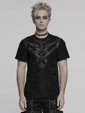 Black Gothic Punk Tattered Mesh Patchwork Short Sleeve T-Shirt for Men