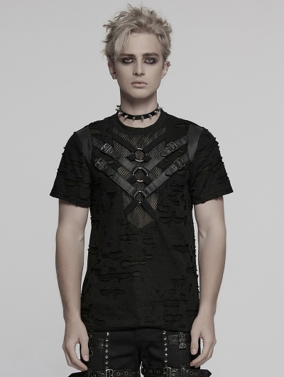 Black Gothic Punk Tattered Mesh Patchwork Short Sleeve T-Shirt for Men