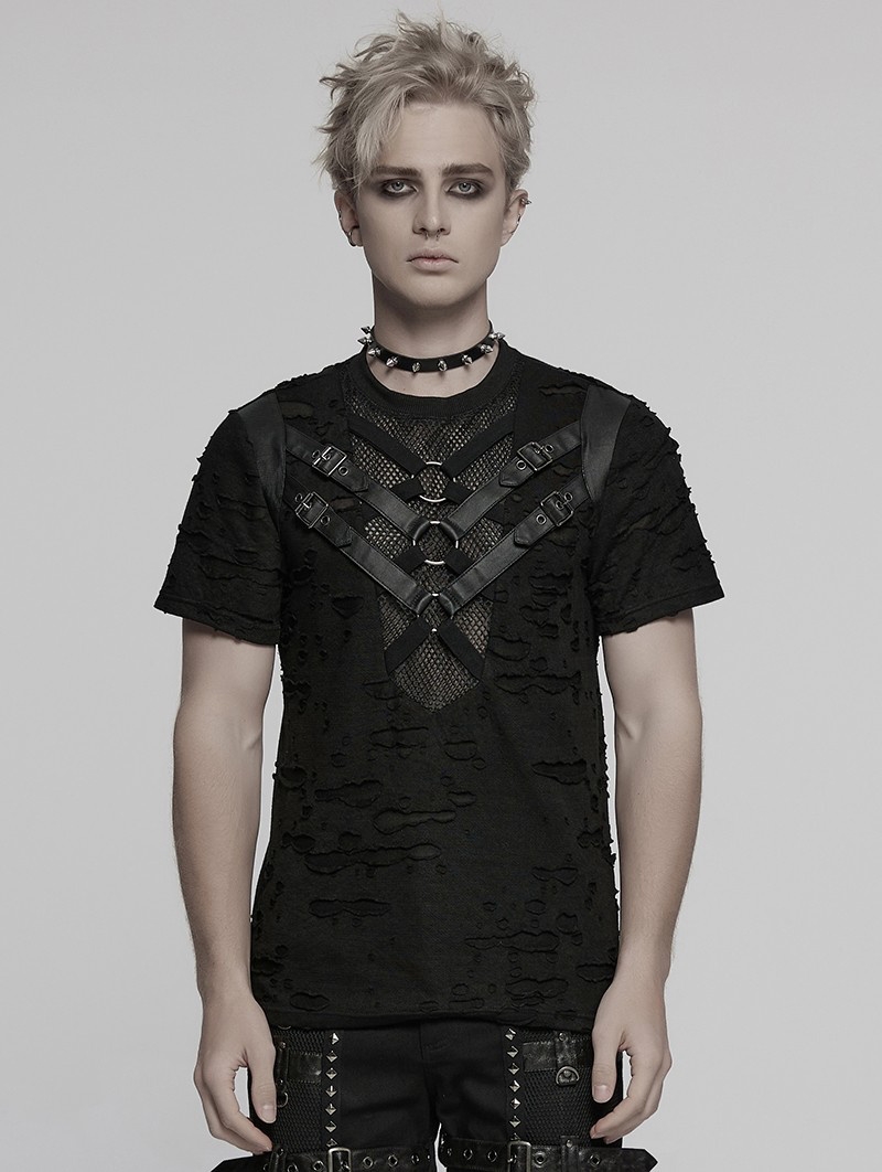 Black Gothic Punk Tattered Mesh Patchwork Short Sleeve T-Shirt for Men