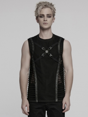 Black Gothic Punk Mesh Cutout Vest Top for Men