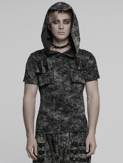 Black and Gray Gothic Punk Hooded Cracked Knitted Short Sleeve T-Shirt for Men