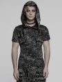Black and Gray Gothic Punk Hooded Cracked Knitted Short Sleeve T-Shirt for Men