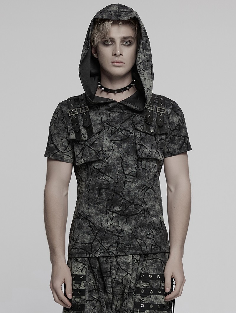 Black and Gray Gothic Punk Hooded Cracked Knitted Short Sleeve T-Shirt for Men