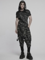 Black and Gray Gothic Punk Hooded Cracked Knitted Short Sleeve T-Shirt for Men