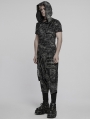 Black and Gray Gothic Punk Hooded Cracked Knitted Short Sleeve T-Shirt for Men