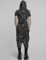 Black and Gray Gothic Punk Hooded Cracked Knitted Short Sleeve T-Shirt for Men