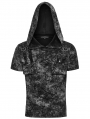 Black and Gray Gothic Punk Hooded Cracked Knitted Short Sleeve T-Shirt for Men