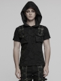 Black Gothic Punk Hooded Cracked Knitted Short Sleeve T-Shirt for Men