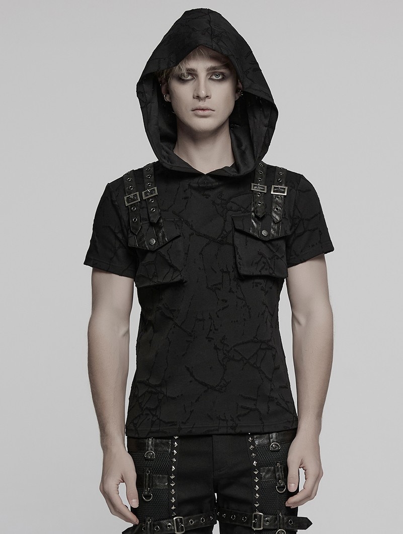 Black Gothic Punk Hooded Cracked Knitted Short Sleeve T-Shirt for Men