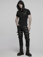 Black Gothic Punk Hooded Cracked Knitted Short Sleeve T-Shirt for Men