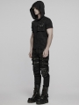 Black Gothic Punk Hooded Cracked Knitted Short Sleeve T-Shirt for Men