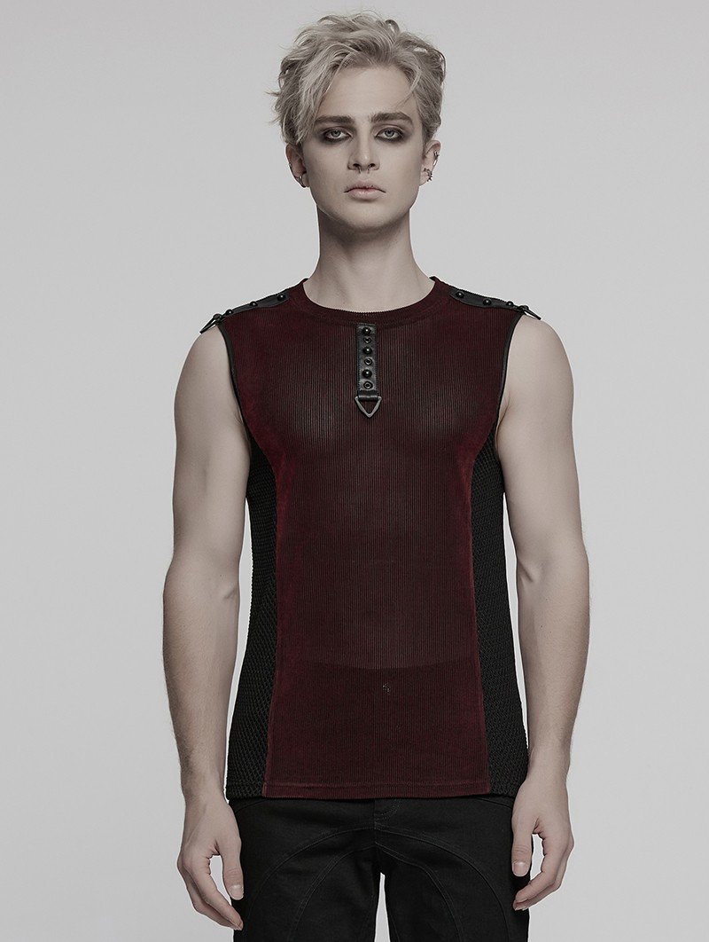 Red Gothic Cyber Punk Mesh Splicing Vest Top for Men