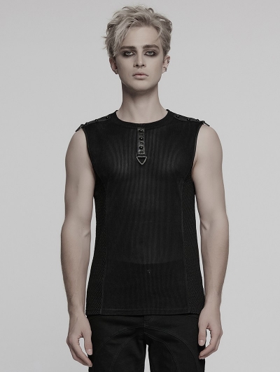 Black Gothic Cyber Punk Mesh Splicing Vest Top for Men