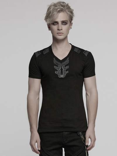 Black Gothic Cyber Punk 3D Patch Knitted Short Sleeve T-Shirt for Men