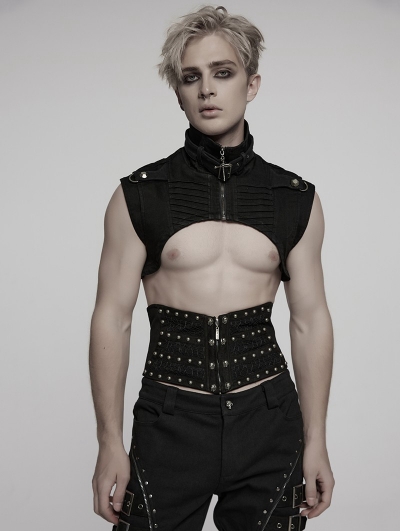 Black Gothic Punk Denim Stand Collar Short Vest for Men