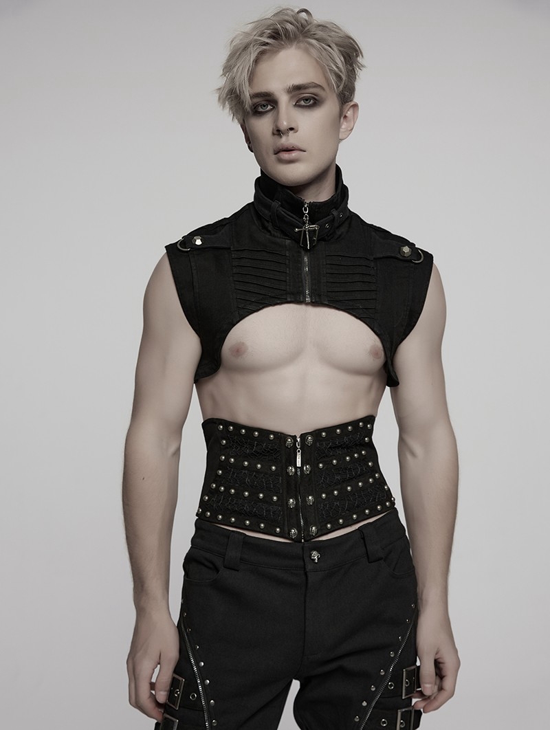 Black Gothic Punk Denim Stand Collar Short Vest for Men