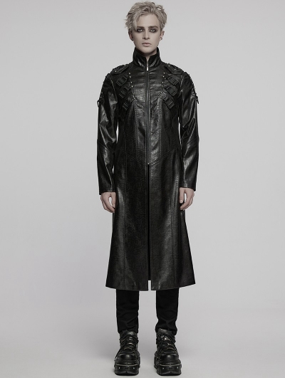 Black Gothic Cyberpunk Studded Leather Collar Long Jacket for Men
