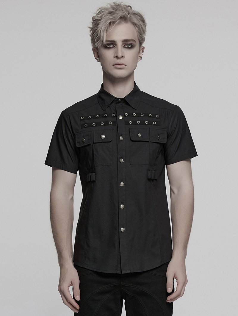 Black Gothic Punk Metal Eyelet Short Sleeved Shirt for Men