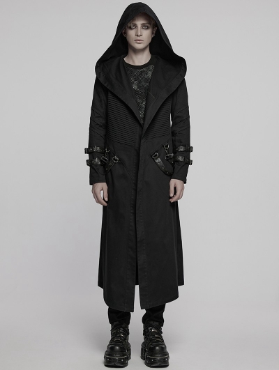 Black Gothic Punk Street Hooded Long Jacket for Men