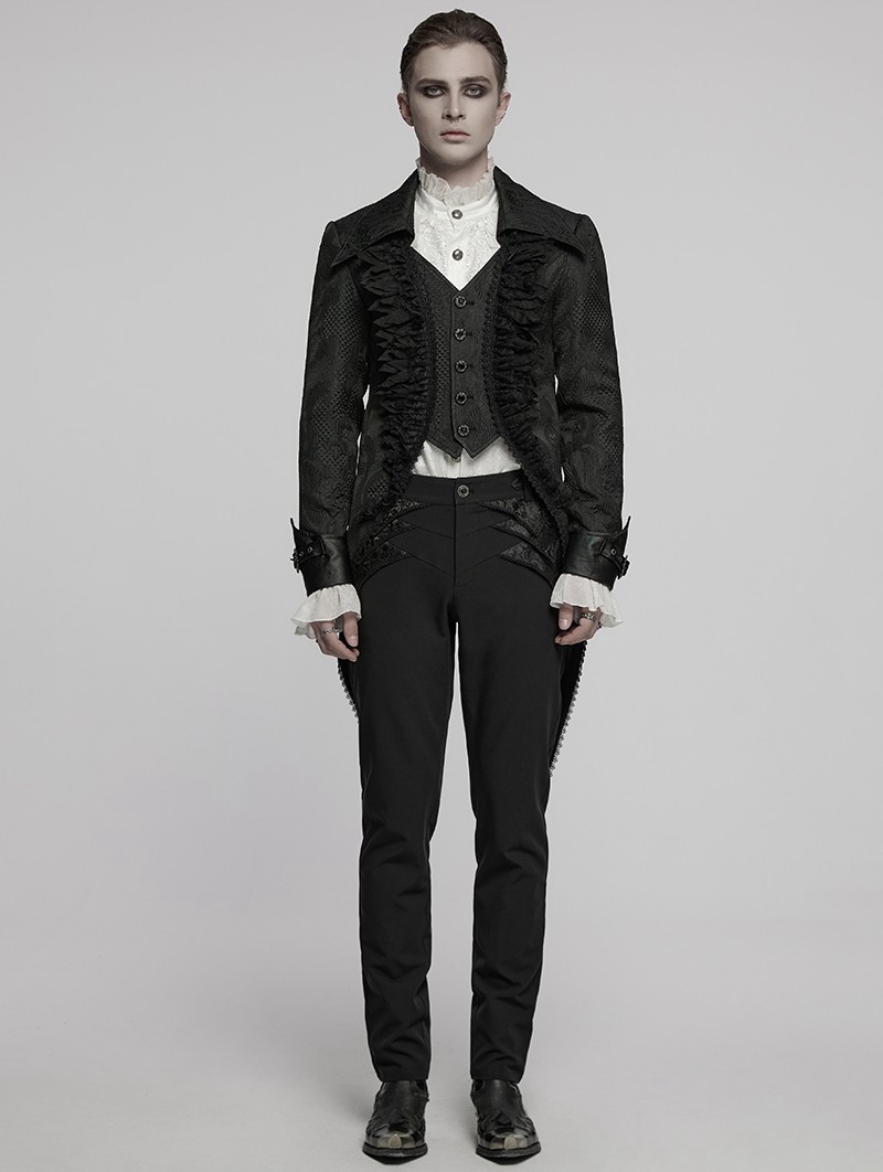 Black Retro Gothic Gorgeous Jacquard Swallow Tailed Jacket for Men