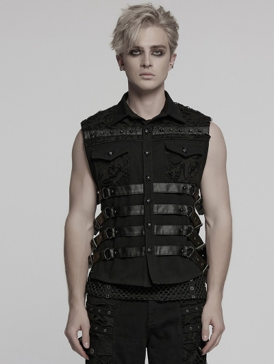 Black Gothic Cyberpunk Buckle Armor Patch Vest for Men