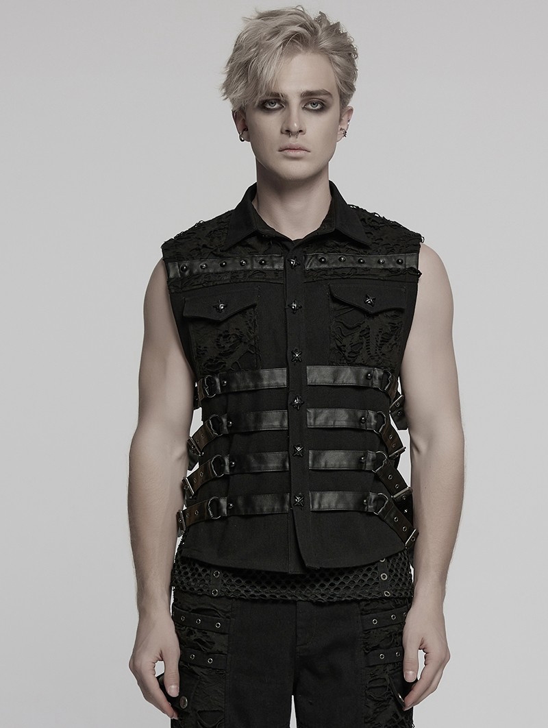 Black Gothic Cyberpunk Buckle Armor Patch Vest for Men