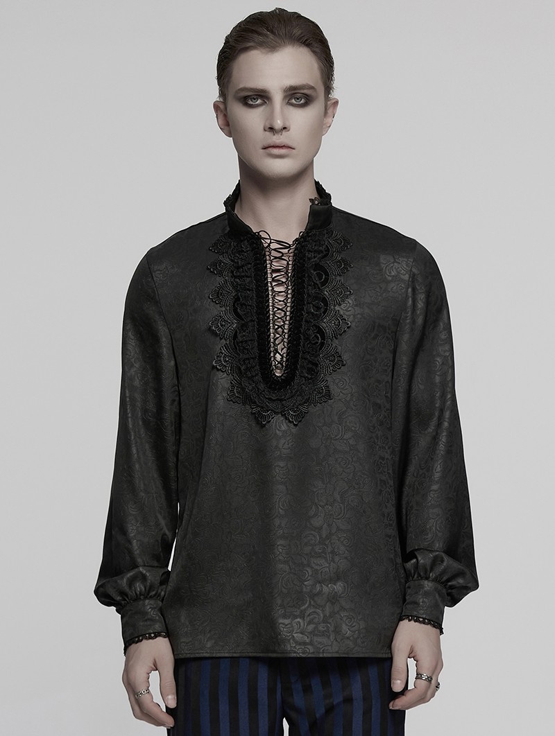 Black Gothic Dark Rose Patterned Loose Shirt for Men